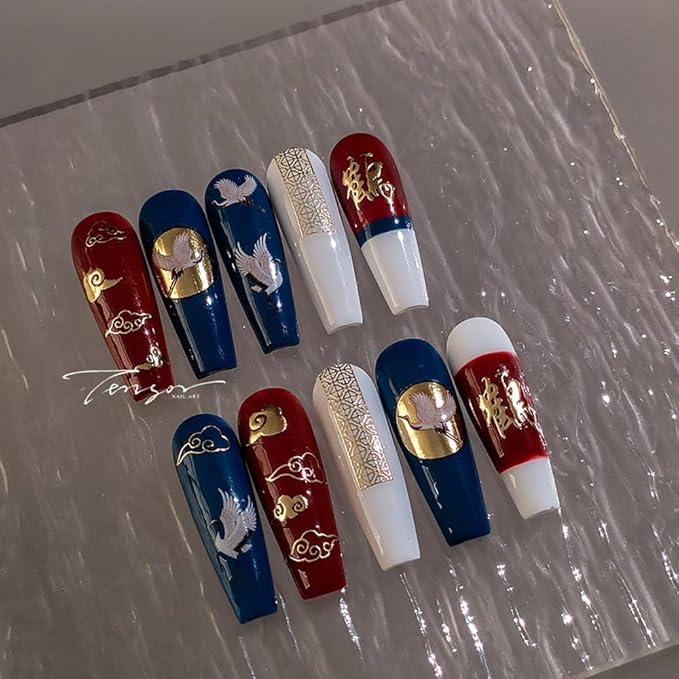 3Sheets 5D Nail Stickers Chinese Style Character Gold Red-Crowned Crane Propitious Cloud Nail Decals for New Year Acrylic Nail Art Design Supplies (Crane)