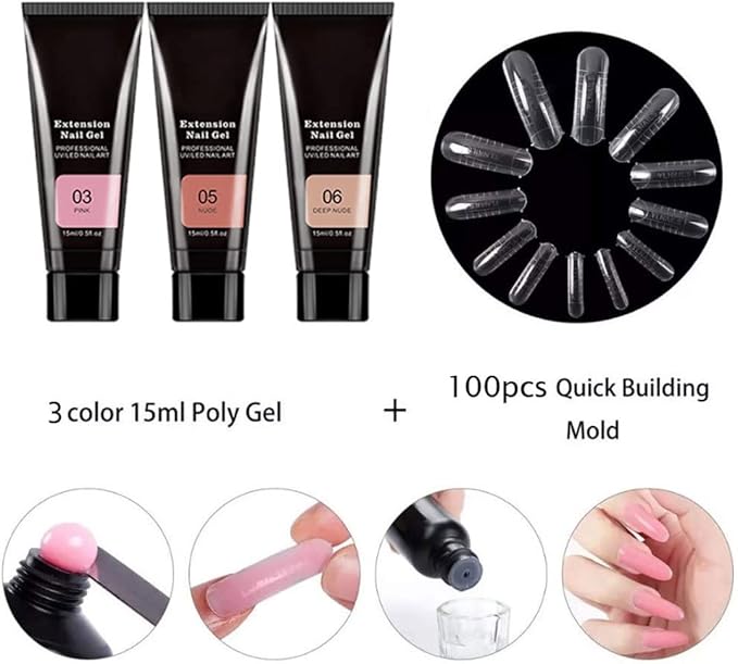 Gel Nail Kit, 11PCS Poly Nail Gel Kit Extension with UV Light Polish Starter All in One Suitable for Beginner DIY at Home (NO. 03)