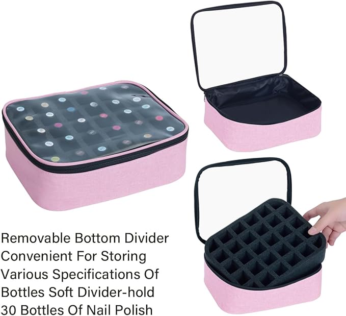 2 Pcs Small Clear Nail Polish Organizer Holds 60 bottles(15ml-0.5fl.oz) Nail Polish Case Multifunctional Nail Polish Bag organizer, Cosmetic Travel Makeup Cases for Women Pink