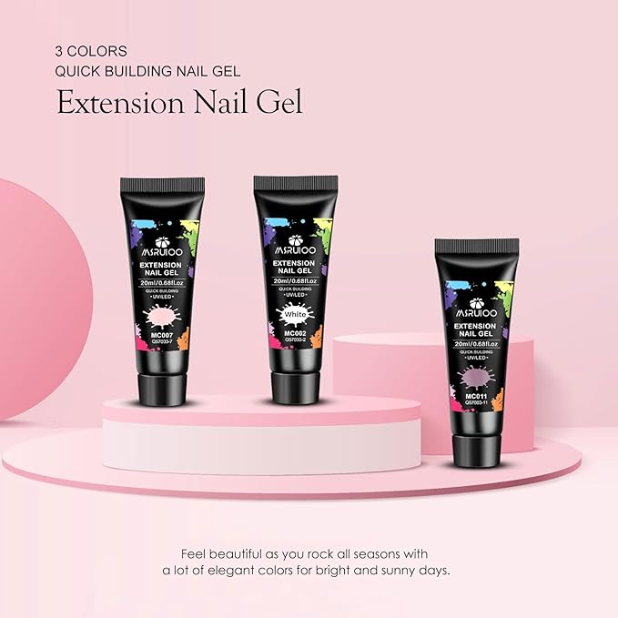 Poly Nail Gel Starter Kit, 7 Pcs White Pink Purple Builder Gel Extension Kit for Beginners Poly Extension Enhancement Builder Nail Manicure Salon French Art DIY