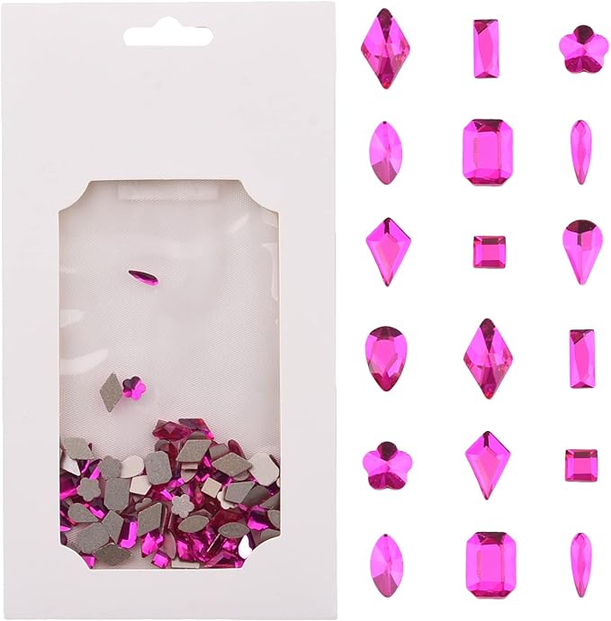 Mix 10 Shapes Assortment Flat Back Shine Hot Pink Nail Crystals Gems Diamonds for Nail Decoration Design Decoration Accessory