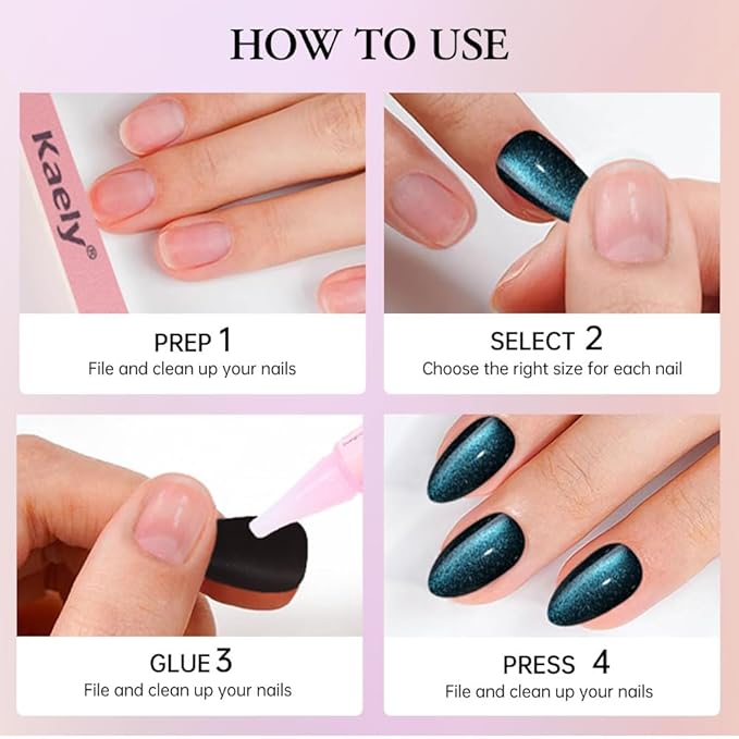 Cat Eye Press on Nails Short Almond, Sapphire Blue & Royal Blue Press on Nails Almond, Fashion Gel Fake Nails, Reusable Acrylic Fake Nails, Glossy Stick on Nails for Women, Glue on Nails Kit.