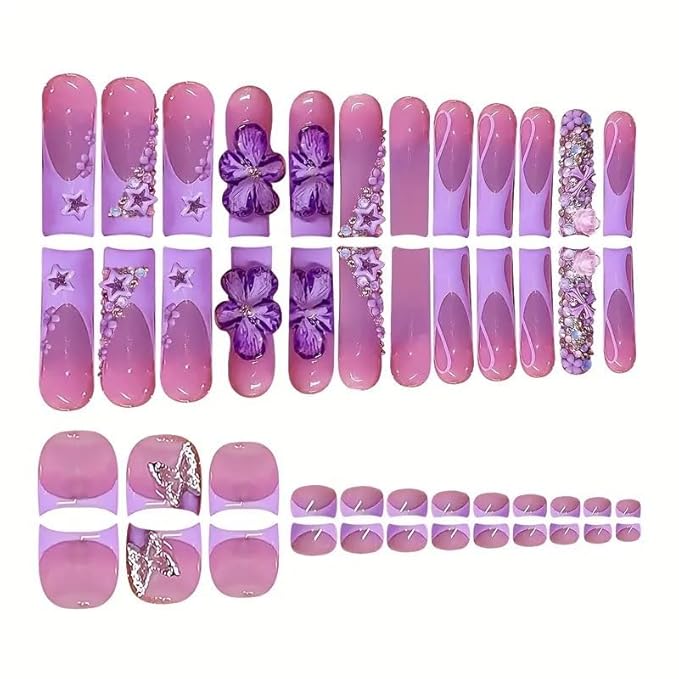 48Pcs Square Press on Nails Long & Press on Toenails Set, Purple Flowers Fake Nails Short Press on Toe Nails with 3D Flower Star Charms French Acrylic Toenails Kit for Women Manicure