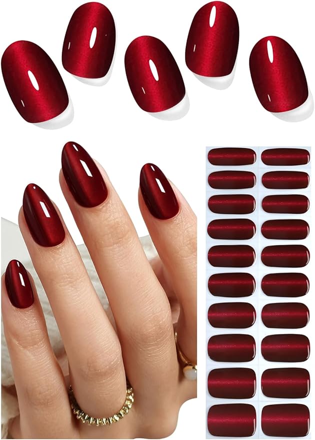 Semi Cured Gel Nail Strips, Burgundy Cat Eye 20pcs Adhesive UV Sticker, Wraps for Home Manicure DIY