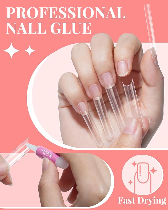 MORGLES 3XL Square Nail Tips No C Curve, 504 Pcs Clear Acrylic Half Cover Tips with Nail Glue, Clipper, Files and Cuticle Fork for DIY Manicure