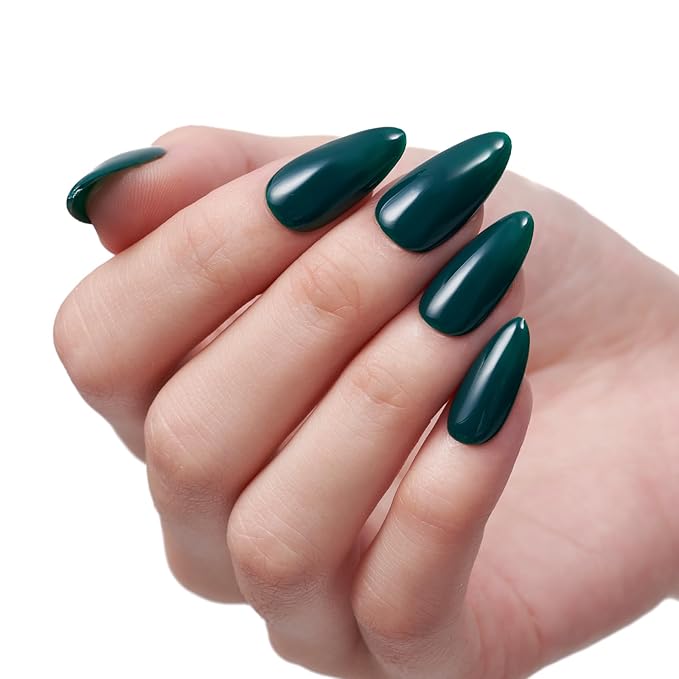 GLAMERMAID Dark Green Press on Nails Medium Almond, Holly Gel False Nail, Atrovirens Gloss Natural Stiletto Glue on Nails Kit for Women, Reusable Short Oval Stick on Acrylic Fake Nails Manicure Set