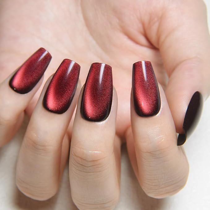 evpct Deep Burgundy Red Cat Eye Press on Nails Square Medium Coffin, Medium Square Stick on Nails for Women Gift, Dark Red Metallic Glitter Glossy Reusable Spring Summer Gel Press on Acrylic Fake Nail