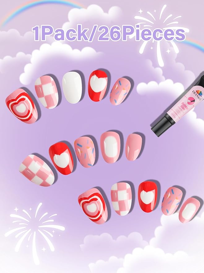 26 Pieces Press on Nails for Kids, EBANKU Kid Fake Nail Kit Pink Heart Press on Nail Short Artificial False Nail Kits for Kids Girls