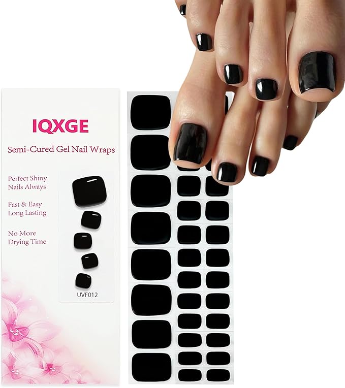 34 Pcs Semi Cured Gel Toe Nail Strips Black Solid Gel Nail Stickers Full Cover Nails Wraps Self Adhesive Toe Nails Polish Strips Stickers for Women UV/LED Light Required