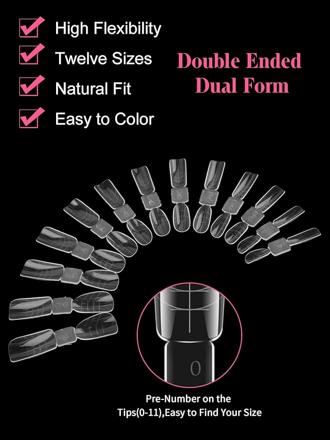 EBANKU 120pcs Dual Nail Forms for Poly Extension Gel, 2 In 1 Reusable Nail Molds, 12 Sizes, Almond & Square, Clear, Glossy Finish