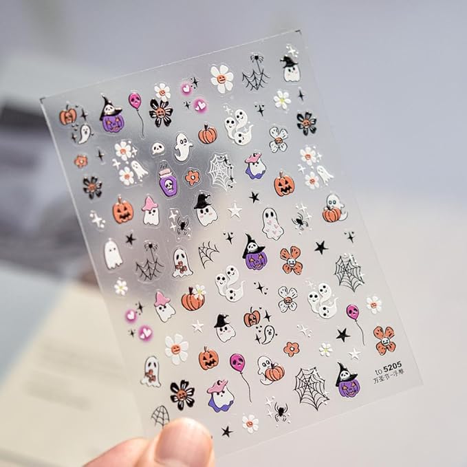 Halloween Nail Stickers 5D Embossed Cute Ghost Nails Designs Flower Nail Supplies 3D Self-Adhesive Colorful Spider Web Nail Decals Balloon Nail Art Decoration for Women Girls DIY Manicure 1 Sheet