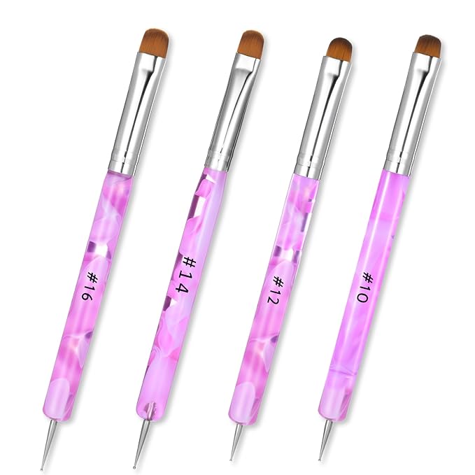 4pcs French Gel Acrylic Nail Art Brush Two Way Nail Art Brush with Dotting Professional Manicure Tool for Manicure Cuticle Clean up Detailed Designs Nail Dotting Pen (10#, 12#, 14#, 16#)