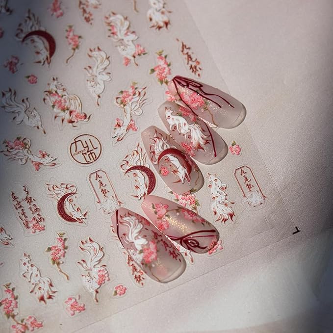 Embossed Nine-Tailed Fox Spirit Nail Art Stickers, Foxes and Blossom Design, White and Pink, Decorative Nail Decals (Nine-Tailed Fox)