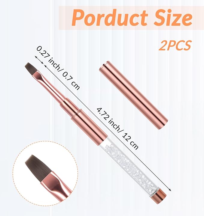 2Pcs Gel Brushes for Nails, Oval UV Builder Gel Brush for Nail Polish Brushes with Rhinestone Handle, Manicure Art Design for Nail Application, Rose Gold