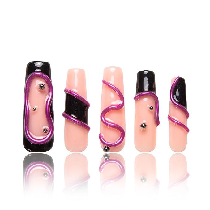 LOVFUL Press on Nails Black Pink| Handmade with Full Covered Crystals| Reusable Fake Nails| Square Mid length 1.7in| H236-M