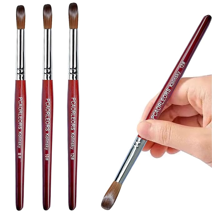 Acrylic Nail Brush with Pure Kolinsky Sable Hair and Red Wood Hand, Round/Flat Professional Gel Brush for Acrylic Power and Nail Extension Size #8,10,12 (One Set)
