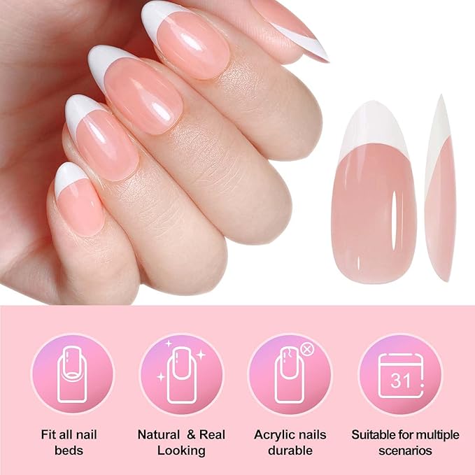 270 Pcs White French Tip Press on Nails Almond Fake Nails Nude Glossy Acrylic Glue On Nails Full Cover False Nail Tips Kit for Women DIY Nail Art Manicure 15 Size