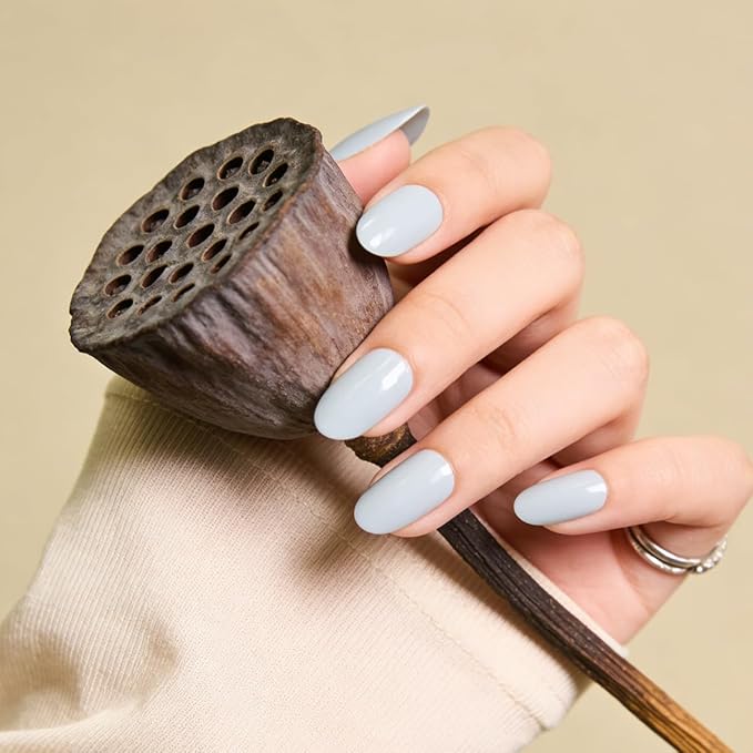 Blue Press On Nails,Medium Glue On Nails Kit 30-Piece-15 Sizes Durable Reusable Press On Nails for Women Gift(HCK414 light blue)