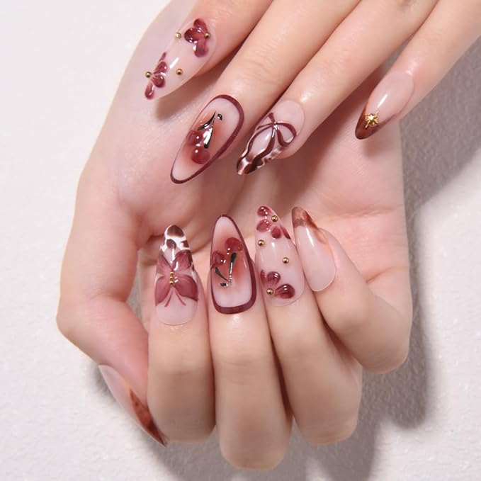 evpct 3D Red Cherry Press on Nails Short Almond with Butterfly Design, Coffee Tip Stick on Nail for Women Gift with Kit, Reusable Full Cover Soft Gel Press on Fake Nail with 3D Red Bow Design
