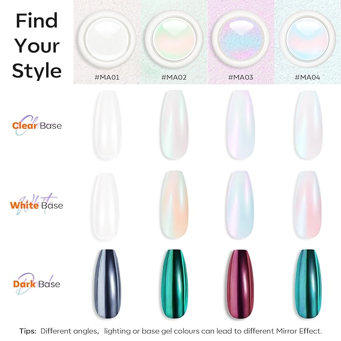 modelones Chrome Nail Powder Pearl Chrome Powder for Nail Magic White Glazed Chrome Nail Powder Mirror Effect Holographic Aurora Iridescent Pearlescent Manicure for 3D Sculpting Nail Art 4 Colors