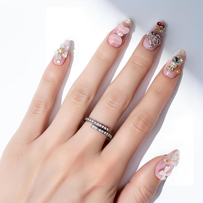24Pcs Handmade Press on Nails,3D Pink Bow Medium Length Almond Shape Fake Nails with White Flower,Cute Manicure Kit for Women and Girls