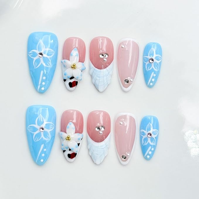 10 Pcs Blue French Almond Handmade Press on Nails with Glue,Luxury False Nails 5D Flower Art Design Muti-Layer Gel False Nails Reusable Thick Nails Handmade Nail for Women(Size S)