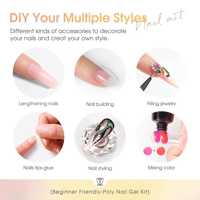 ROSALIND 20PCS Poly Nail Gel Kit with Nail Lamp White Brown Poly Nails Gel Kit Clear Nude Nail Extensions Gel Set With UV Lamp