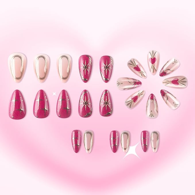 Valentines Press on Nails - Short Almond Nails Press ons with Heart & Star & Golden Line Designs, Red French Tip False Nails, Glossy Acrylic Full Cover Cute Stick on Nails for Women Manicure 24Pcs