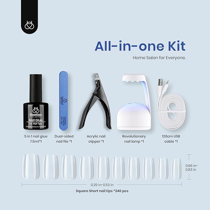 Beetles Gel Nail Kit Easy Extension Set, 240pcs Soft Short Square Nail Tips with 5-in-1 Glue Base Gel and Led Lamp Acrylic Tips Fake Nails Art Home Gelly Tips Beauty Gift Set