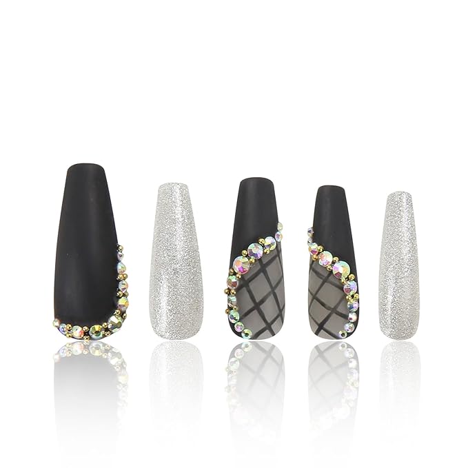 LOVFUL Press on Nails Black Lace | Handmade with Full Covered Crystals | Reusable Full Cover Nails | Coffin Classic Regular 1.3 in | H114-L