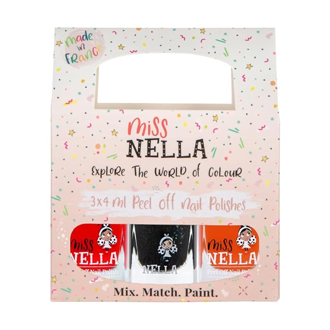 MISS NELLA Halloween Special Glitter Kids Nail Polish 3 Pack: Poppy Fields (orange), Surprise Party (black glitter) & Class Clown (red), Peel-off, Non- toxic, Water Based Formula