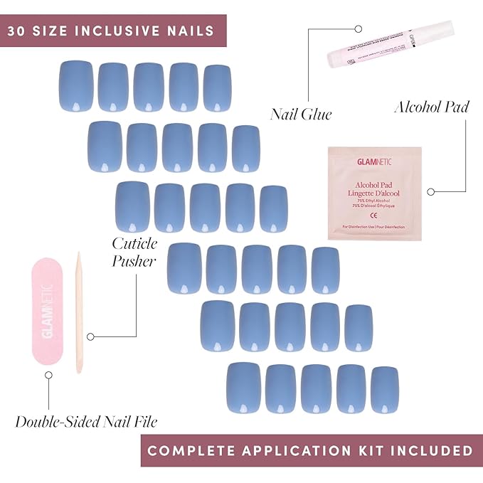 Glamnetic Press On Nails - Cashmere Blue | Opaque Soft Pale Sky Blue Short Squoval Fake Nails, Salon Quality | 15 Sizes - 30 Nail Kit