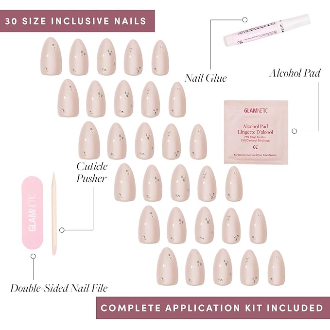 Glamnetic Press On Nails - First Dance | Nude Short Almond Fake Nails with Glossy Glazed Finish, Salon Quality | 15 Sizes - 30 Nail Kit with Glue