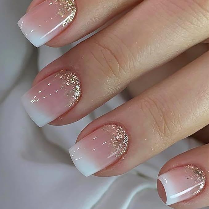 24 Pcs French Tip Press on Nails Short Square Pink White Gradient Fake Nails with Glitter Designs Reusable False Nails Glossy Glue on Nails Full Cover Artificial Nails for Women Girl
