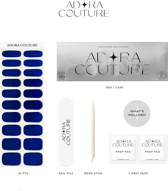 Semi-Cured Gel Nail Strips - 20 Salon-Quality Gel Sticker with UV Light Required, Long Lasting, Easy Application & Removal, Includes Prep Pad, Nail File, Wooden Stick (Metallic Blue)