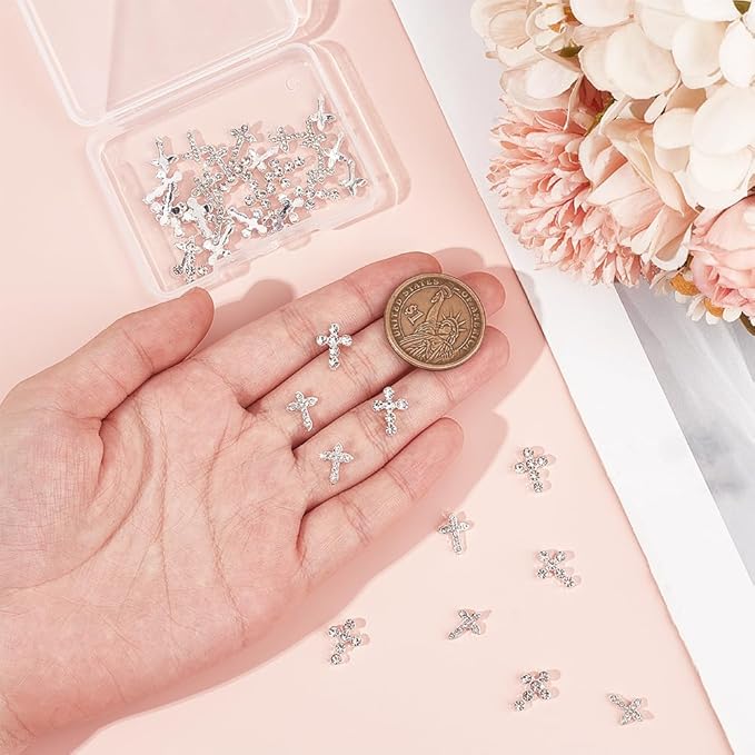 CRASPIRE 40Pcs Cross Nail Charms 3D Y2K 2 Styles Metal Alloy Rhinestone Flat Luxury Nail Gems Set Gothic Vintage Punk Studs Decor for Women Nail Art Crafts DIY Jewelry Christmas Decorations Cellphone