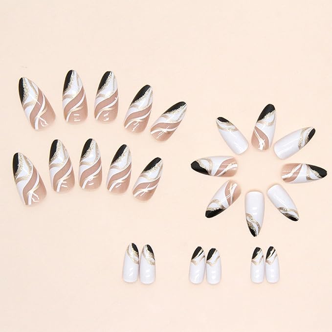 Almond Press on Nails Medium Fake Nails White False Nails Press ons with Designs White Black Glue on Nails Glossy Full Cover Acrylic Artificial Stick on Nail for Women Decorations 24Pcs