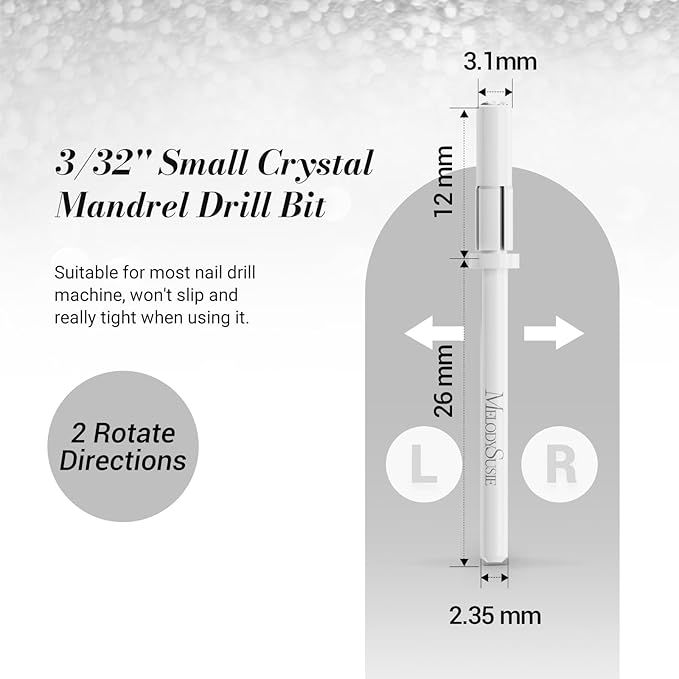 MelodySusie Small Crystal Top 3.1mm Mandrel Bit for Nails, 3/32'' Easy Off Nail Drill Bits for Sanding Bands, Suitable for Acrylic Nails Gel Manicures and Pedicures, White