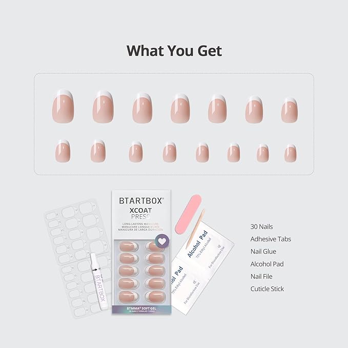 BTArtbox Press On Nails Short - Lamp-Curable Oval White French Tips Press On Nails with Glue for Women, Semi-Transparent Soft Gel Glue On Nails in 15 Sizes - 30 Stick On Nails Kit, Chic Twins