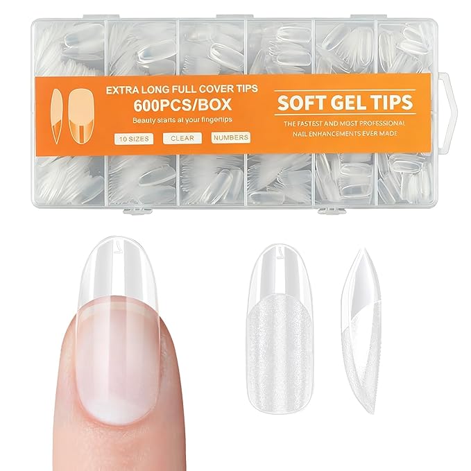 Long Oval Nail tips-Half matte nail extension tips kit full cover nail tip kit press on nails 600pcs 10 sizes pre-shaped nail tips set false nail tips kit for nails Salon Or Home DIY