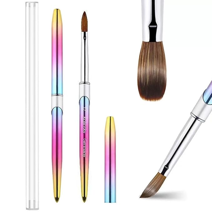 100% Pure Kolinsky Acrylic Nail Brush Size 12, Hair Acrylic Crystal Ombre Chrome Colorful Handle with Silver Ferrule Round Shaped for Women Girls Manicure Nail Tools Accessories