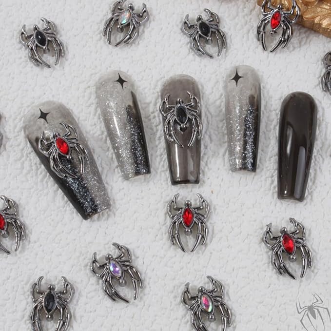 Ranvi 30PCS Halloween Nail Art Charms,Spider Metal Dark Gothic Alloy Diamond for Women Girls Halloween Nail Decorations Design(Black Spider-Colored Diamond)