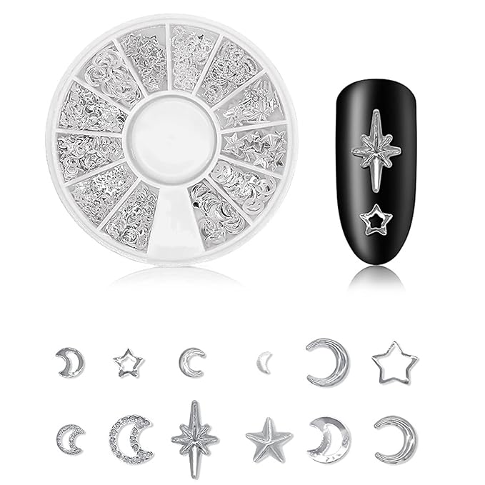 3D Nail Charms CXUEMH 6 Boxes 72 Grids Nail Rivets Set Metallic Nail Art Stickers Nail Jewelry Decorations Multiple Shapes Silver Star Metal Nail Studs Decals DIY Nail Accessories (silver)