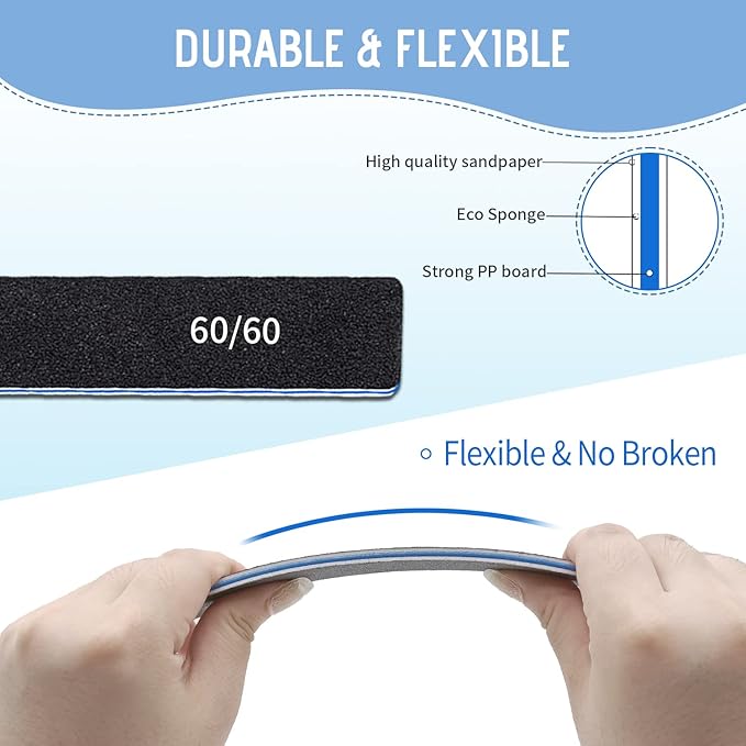 12 Pcs Professional Nail Files, 60/60 Grit Nail Files for Acrylic Nails Gel Nails, Double Sided Emery Board for Nails, Reusable & Washable Coarse Nail File for Home and Salon Use
