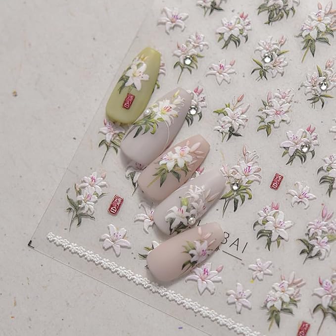 5D Embossed Spring Floral Nail Art Stickers, Lily Design with Elegant Effect for Valentine's Day