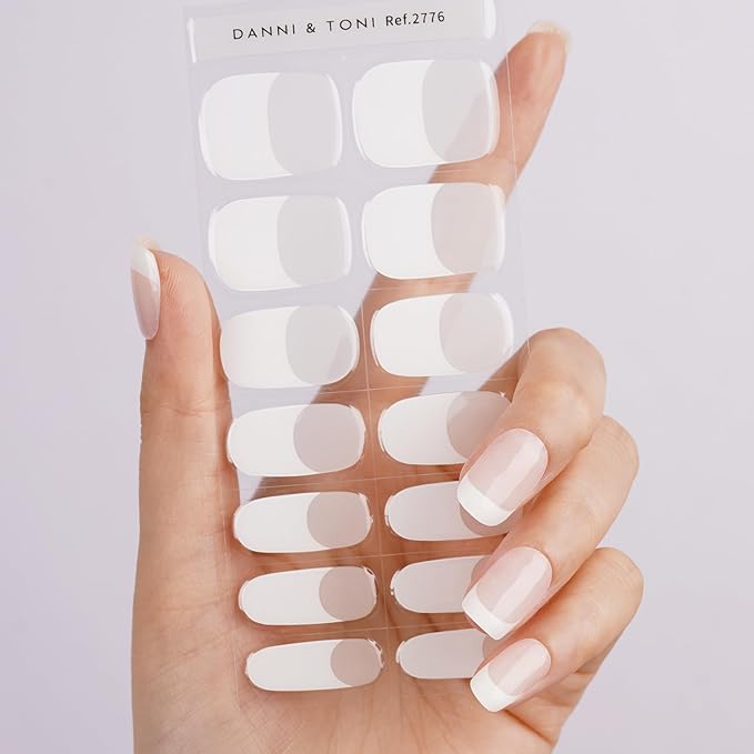 DANNI & TONI Semi Cured Gel Nail Strips Translucent White (Opal Veil) White-Tipped French Gel Nail Wraps 28 Stickers
