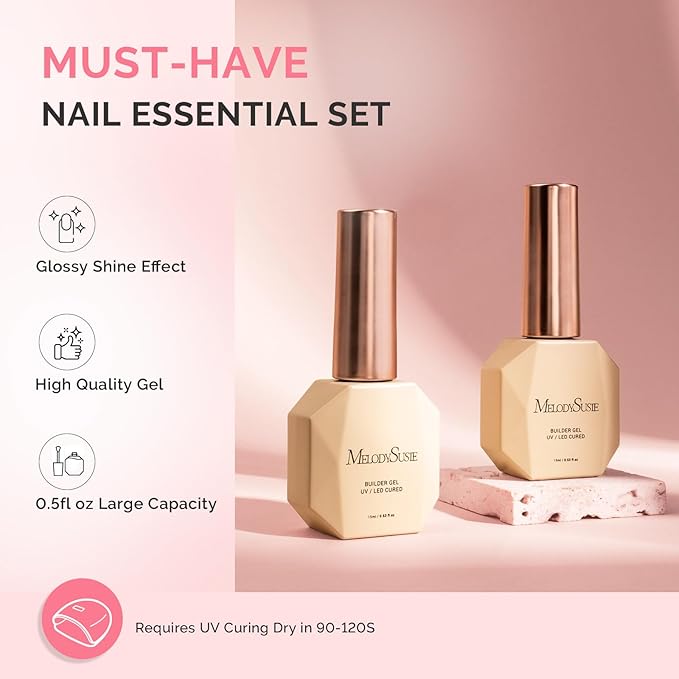 MelodySusie 2PCS 15ML Nude Builder Gel Set for Nails Thickening, Soak Off UV Extension Gel Rhinestone Glue in a Bottle for Nail Art Design Gift for Women DIY Manicure at Home 018+019