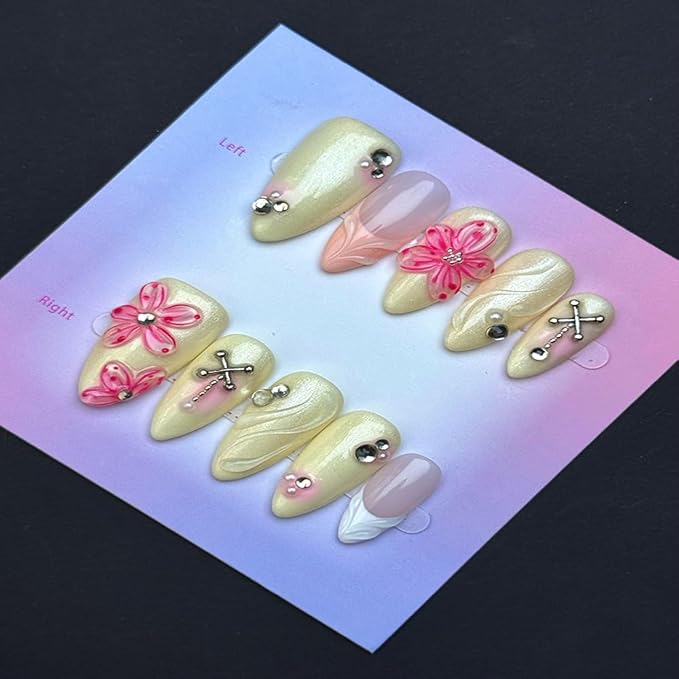 100% Handmade Press on Nails Medium Almond Handmade Nails with Rhinestone Pink Flower Charm Design Beige False Nails White French Tip Nail Press ons Spring Summer Fake Nails for Women Size M 10Pcs