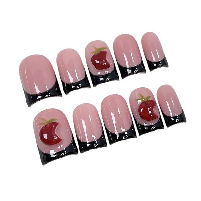 Handmade Press on Nails Short Square Fake Nails Black French Tip Nails Press Ons with 3D Red Fruit Designs False Nails Full Cover Muti-Layer Gel Stick on Nail for Women 10Pcs (Size M)