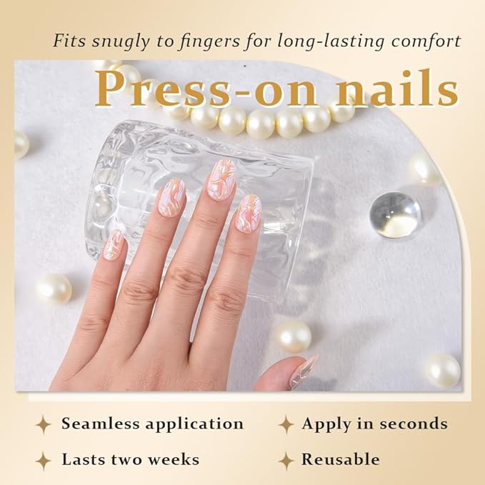 evpct Spring & Summer Glossy Press on Nails Short Oval, Aurora Glazed Fake Nails Press ons with 3D Pattern Design, Light Weight Perfectly Fit Nails for Women Gift, Fake Nail Kit with Kits Gel, 24Pcs